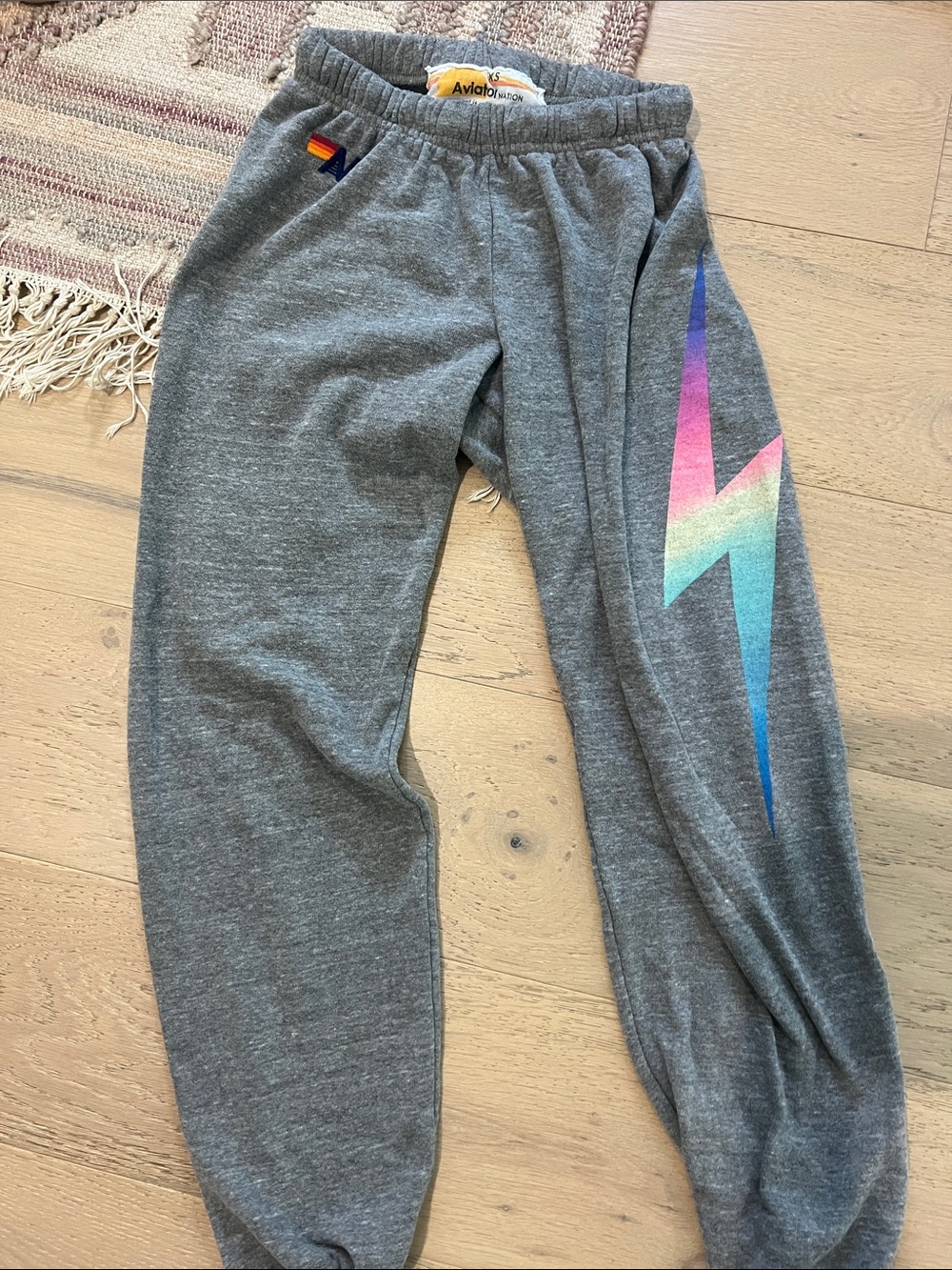 Aviator Nation Womens Gray Sweatpants with Rainbow Bolt Accent